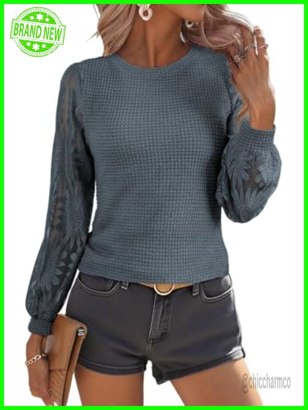 Women's Crochet Lace Long Sleeve Blouse Waffle Knit Tunic Crewneck Pullover - Picture 5 of 6